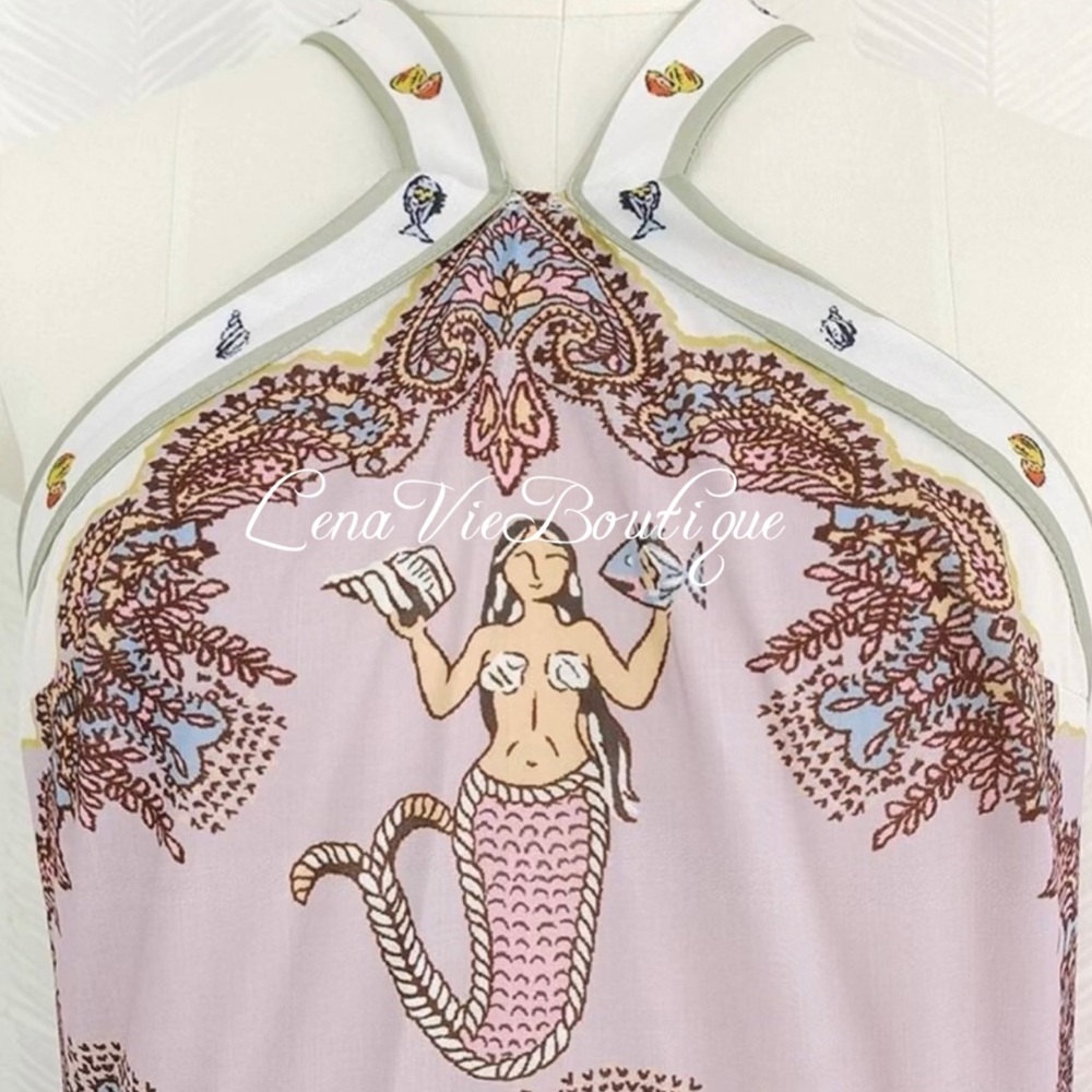LenaVie Boutique | Tropical Tile-Print Cotton Halter A Line Mermaid Dress - Picture 7 of 14